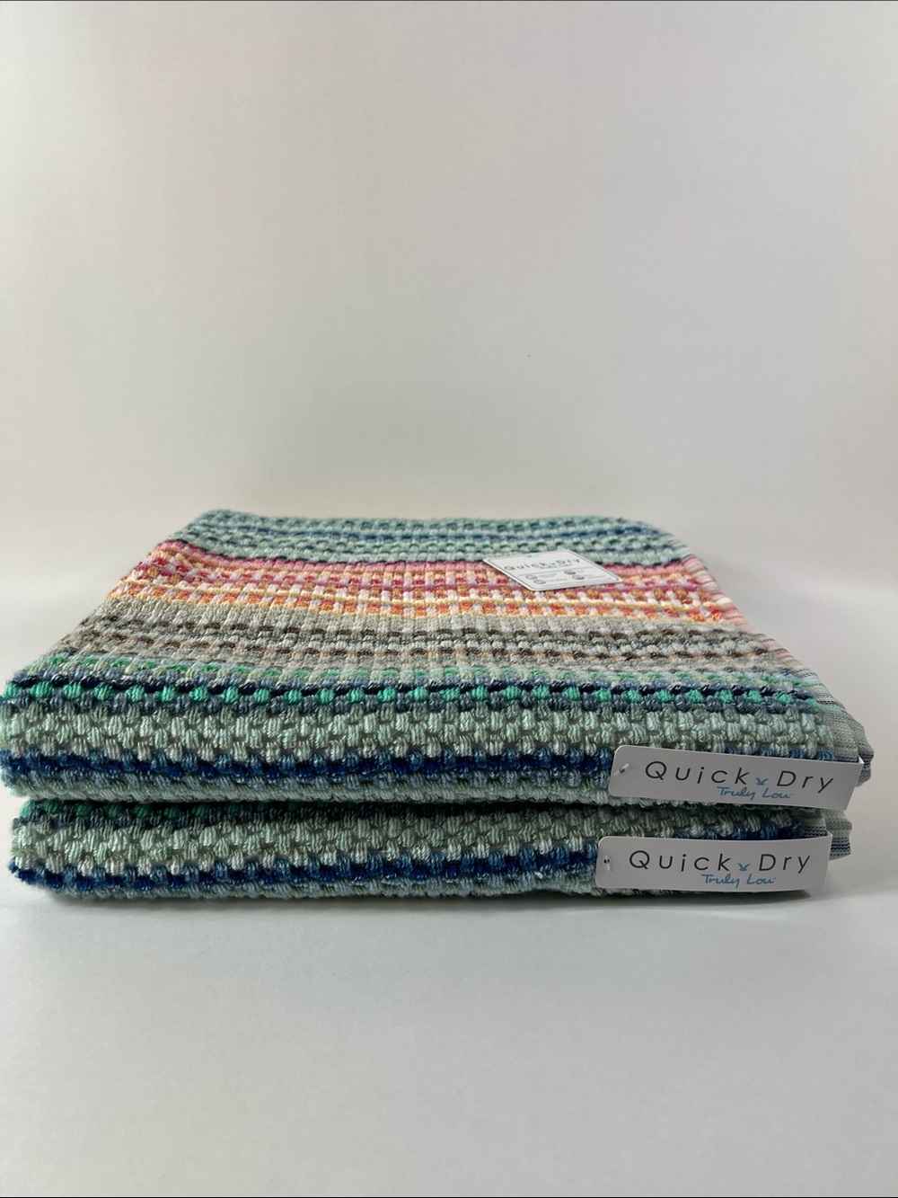 Truly Lou Bath Towel Set Bright Rainbow Colors Striped Soft Cotton 2 Pc NEW